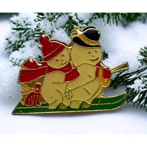 Vintage Christmas Pin Snowman Skiing Brooch Gold Tone Enamel Sledding